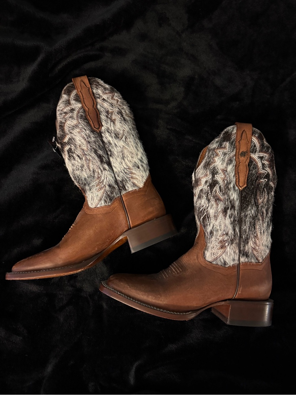 Dan Post Brown Leather Cowboy Boots with Gray/White Haircalf Shaft